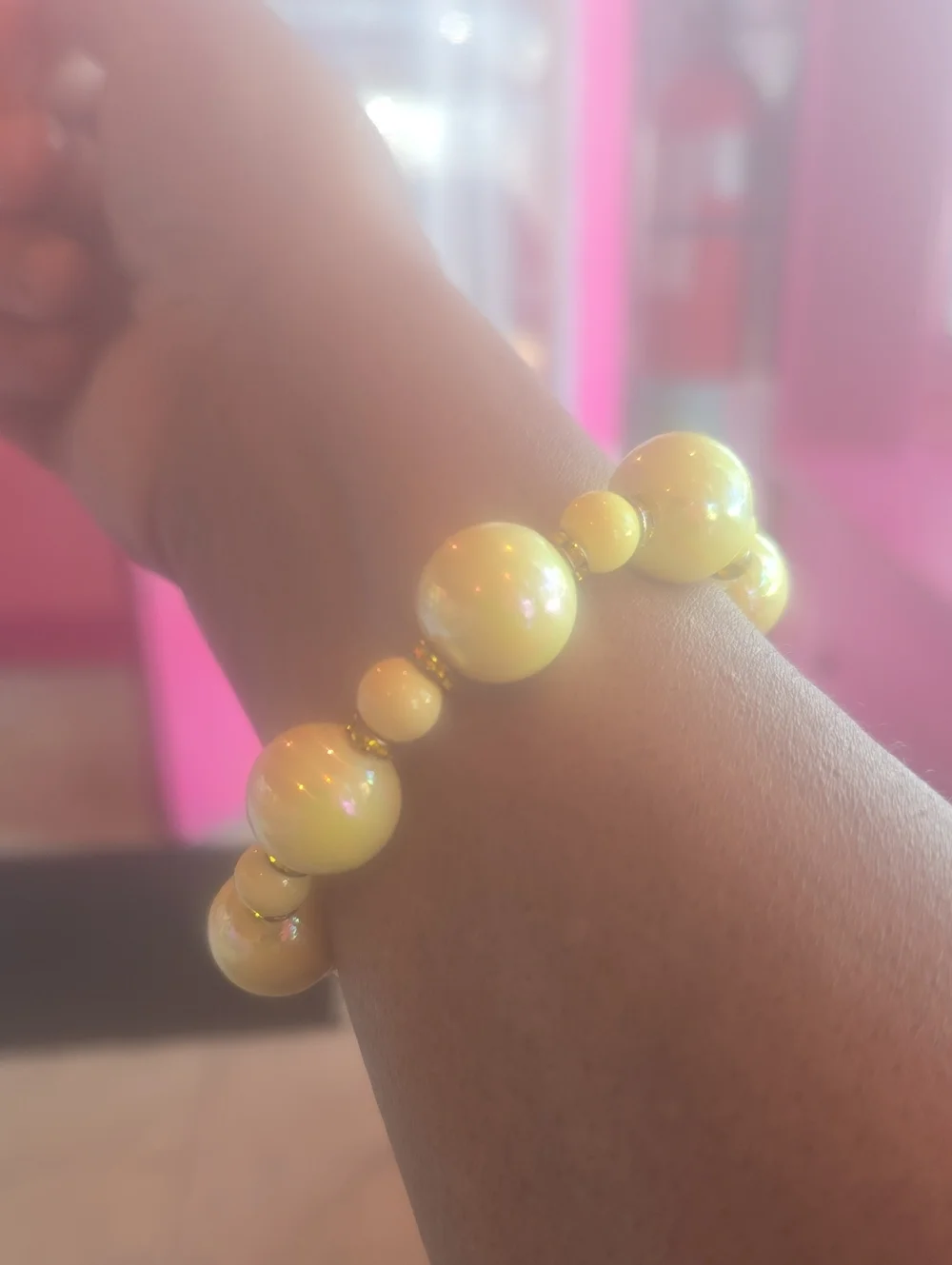 Yellow Beaded Stretch Bracelet with Gold Accents - Women's Jewelry